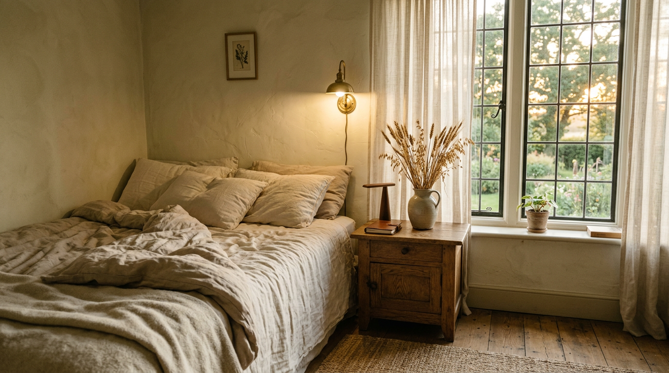 A serene corner at golden hour with linen, brass, and ceramic in considered arrangement.