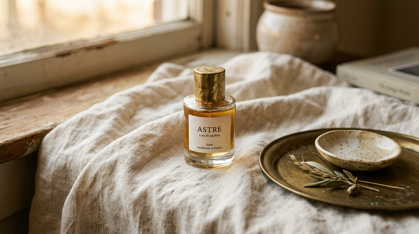 A niche perfume bottle resting on rumpled linen beside a brass tray and ceramic dish, lit by soft window light