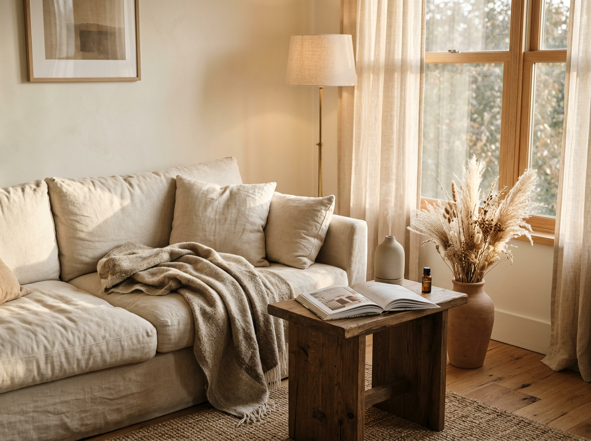 A quiet luxury living corner with linen sofa, ceramic stone diffuser, and dried pampas grass