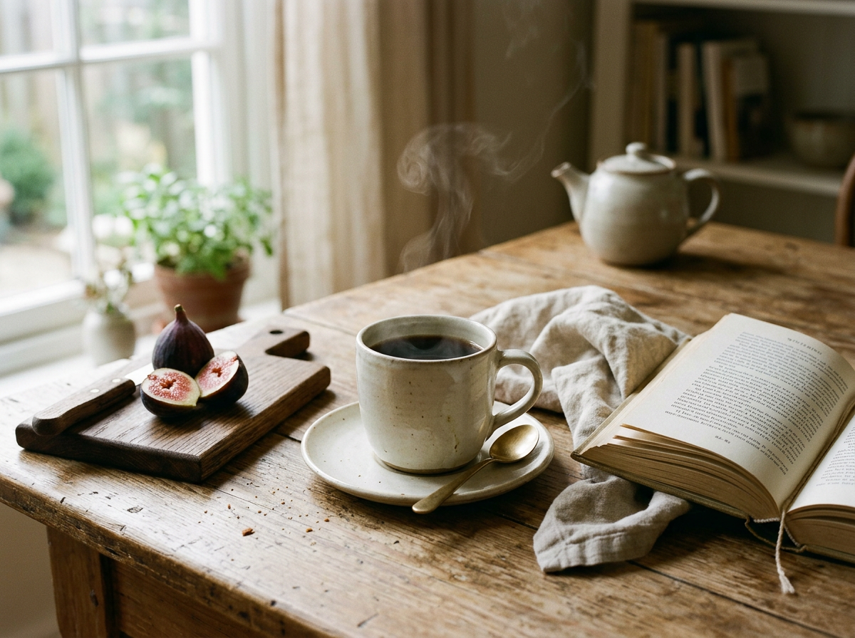 A morning ritual scene with ceramic mug, brass spoon, fresh figs, and an open book on a wooden table