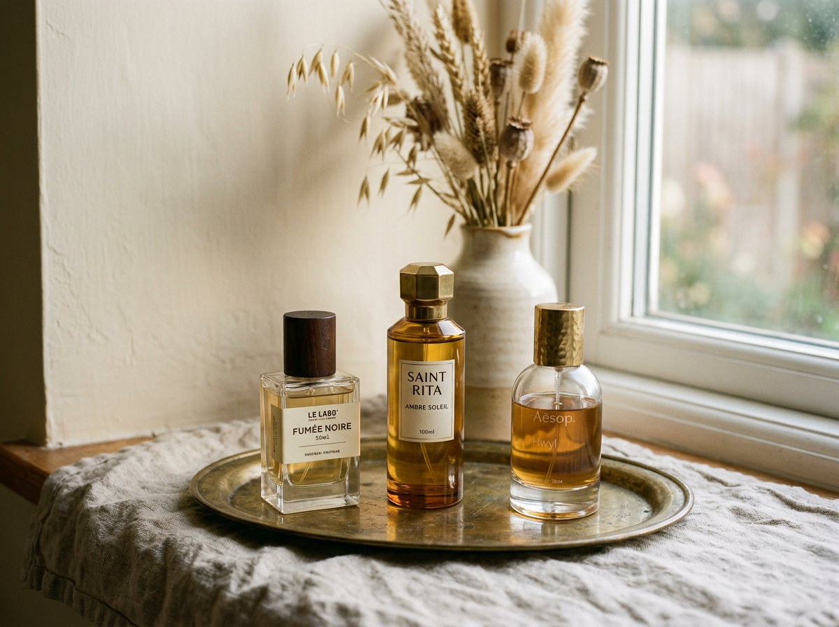 Three niche perfume bottles arranged on a brass tray with dried grasses in a ceramic vase